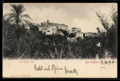 AK Bordighera, La Vieille Ville e palme in primo piano