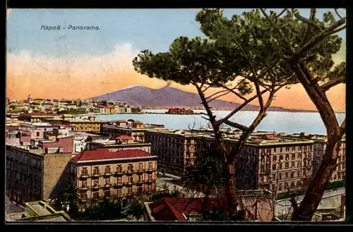 AK Napoli, Panorama con vista sul Vesuvio e edifici cittadini