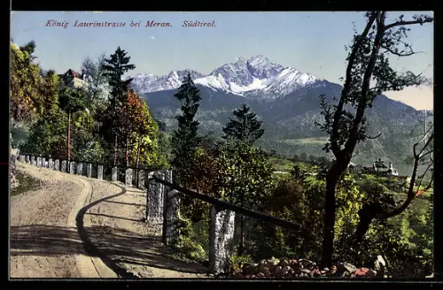 AK Meran /Südtirol, König Laurinstrasse con vista sulle montagne innevate