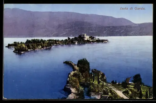 AK Isola di Garda /Lago di Garda, Veduta dell`Isola di Garda con il paesaggio circostante