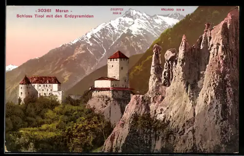 AK Meran, Schloss Tirol mit Erdpyramiden