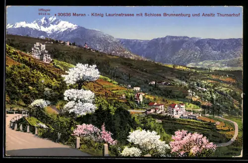 AK Meran, König Laurinstrasse mit Schloss Brunnenburg und Ansitz Thurnerhof