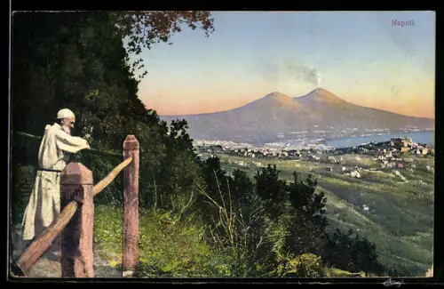 AK Napoli, Vista del Vesuvio con figura in abito bianco