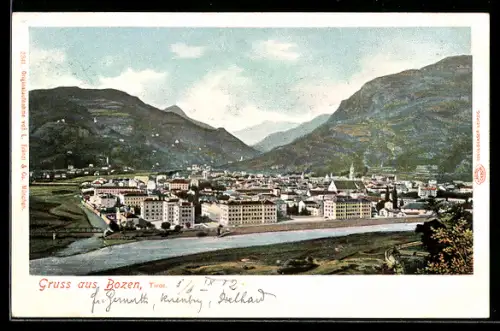 AK Bozen /Tirol, Panoramica della città con montagne sullo sfondo