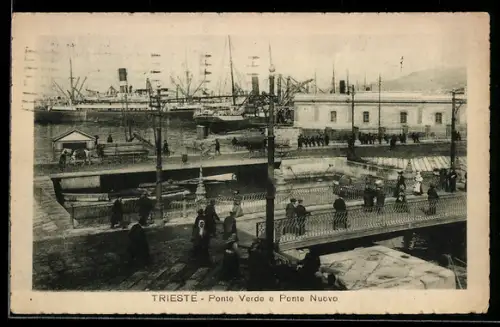 AK Trieste, Ponte Verde e Ponte Nuovo mit Segelschiffen im Hintergrund