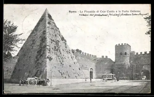 AK Roma, La Piramide di Cajo Cestio e la Porta Ostiense con tram e carrozza