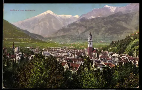 AK Merano /Obermais, Vista panoramica della città e delle montagne circostanti