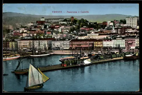 AK Trieste, Panorama e castello con barche a vela e navi al porto