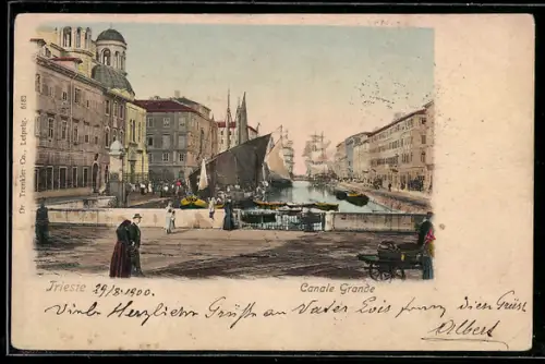 AK Trieste, Canale Grande con barche e persone passeggiando