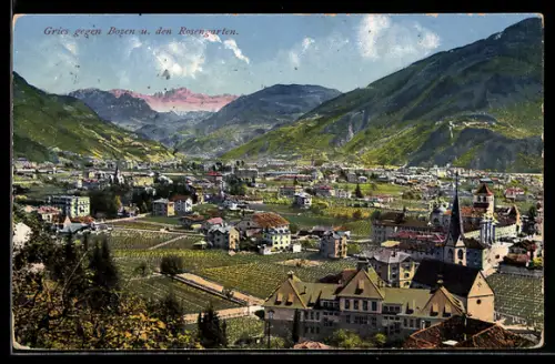 AK Gries /Bolzano, Vista verso Bolzano e il Rosengarten