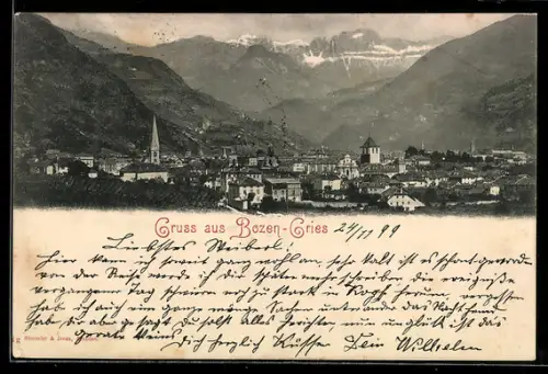 AK Gries /Bozen, Vista panoramica della città con montagne sullo sfondo