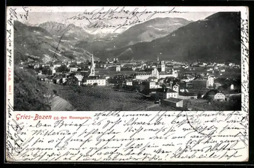 AK Gries /Bozen, Ortsansicht gegen Rosengarten