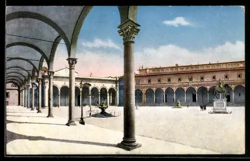 AK Firenze, Piazza della SS. Annunziata con statue e colonnato