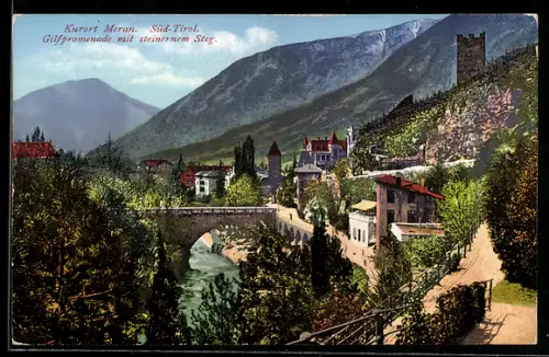 AK Meran /Südtirol, Gilfpromenade mit steinernem Steg