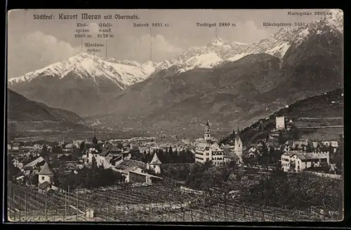 AK Meran /Südtirol, Teilansicht mit Obermais, Roteck, Tschigat und Muttspitze