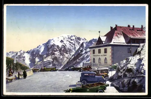 AK Albergo Passo Dello Stelvio, Automobile auf dem Parkplatz