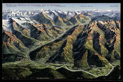 Künstler-AK Tione, Panorama mit Javre u. Selemo, Ötztaler Ferner, Ortler