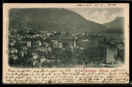 AK Obermais-Meran, Teilansicht mit Turm