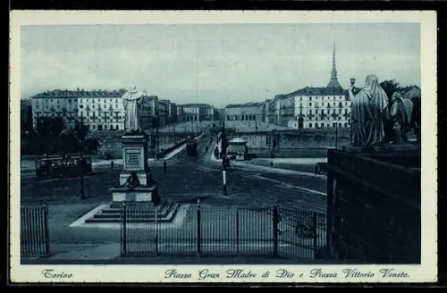 AK Torino, Piazza Gran Madre di Dio e Piazza Vittorio Veneto, Strassenbahn