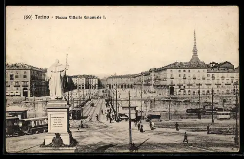 AK Torino, Piazza Vittorio Emanuele I., Strassenbahn