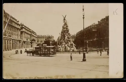 AK Torino, Piazza della Statuto col Monumento del Frejus, Pferdebahn