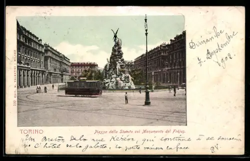 AK Torino, Piazza dello Statuto col Monumento del Fréjus, Strassenbahn
