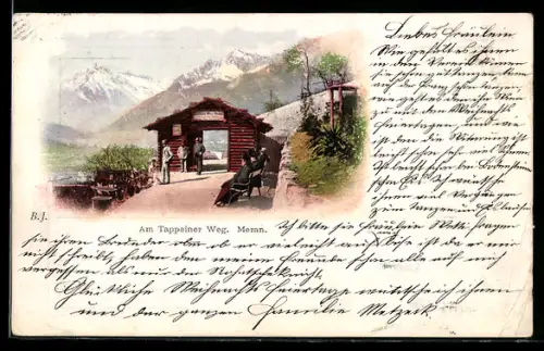 AK Merano, Veduta del sentiero Tappeiner con persone sedute e montagne sullo sfondo