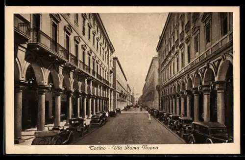AK Torino, Via Roma Nuova con automobili parcheggiate lungo la strada