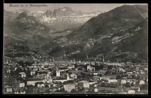 AK Bolzano, Vista panoramica con il Rosengarten sullo sfondo