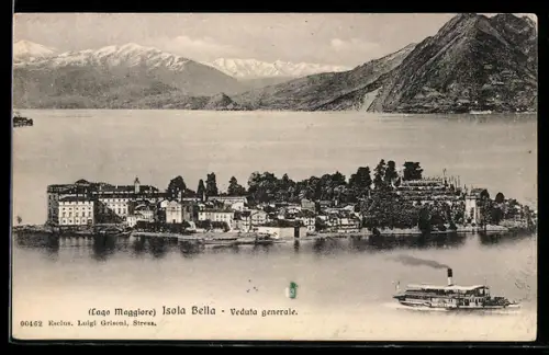 AK Isola Bella /Lago Maggiore, Veduta generale con battello a vapore
