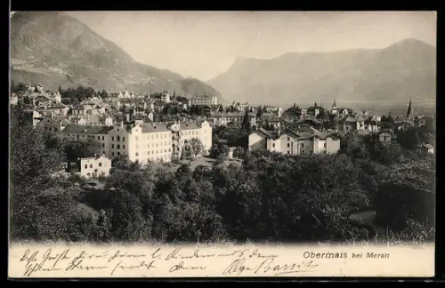 AK Obermais /Meran, Vista panoramica del paese con montagne sullo sfondo