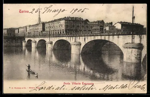 AK Torino, Ponte Vittorio Emanuele con tram e barca sul fiume