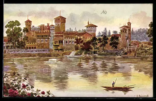 AK Torino, Palazzo e Castello Medioevale, vista dal fiume con barca a remi