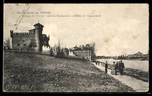 AK Torino, Veduta del Po col Castello Medioevale e Monte dei Cappuccini