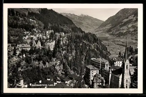 AK Badgastein, Panorama mit Kirche und Hotelbauten