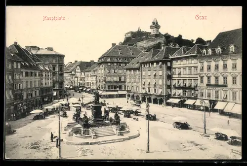 AK Graz, Hauptplatz mit Brunnen und Uhrturm