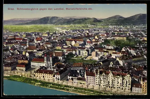AK Graz, Schlossbergblick gegen den Lendkai, Mariahilferkirche