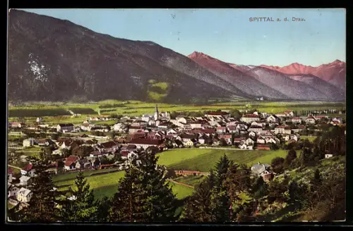AK Spittal a. d. Drau, Panorama mit Ort, Kirche und Bergen
