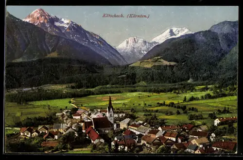AK Kötschach /Kärnten, Dorf mit Kirche und Gebirgspanorama