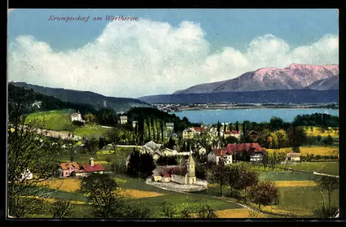AK Krumpendorf am Wörthersee, Panorama mit Kirche und See