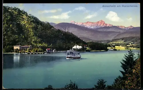 AK Annenheim /Ossiachersee, Dampfschiff auf dem See, Bergpanorama