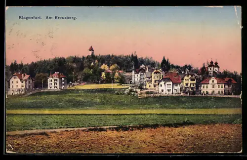 AK Klagenfurt, Ortspartie am Kreuzberg, Panorama mit Aussichtsturm und Villen