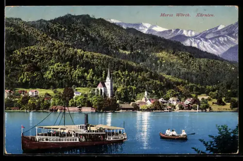 AK Maria Wörth /Kärnten, Kirche am See mit Schiff und Bergpanorama