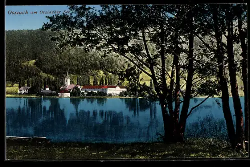 AK Ossiach /Ossiacher See, Panorama mit See, Ort und Kirche