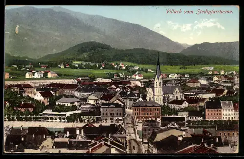 AK Villach, Panorama vom Stadtpfarrturm mit Pfarrkirche