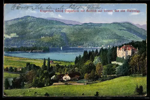 AK Klagenfurt, Schloss Freyenturm mit Ausblick auf Lorettosee und Maiernigg