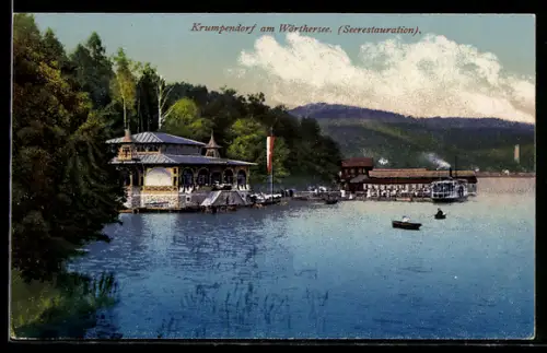 AK Krumpendorf am Wörthersee, Seerestaurant mit Anlegestelle und Booten