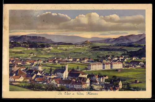 AK St. Veit a. Glan, Panorama mit Kirche und Bergen