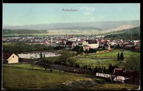 AK Pottschach, Panorama mit Kirche und Teich