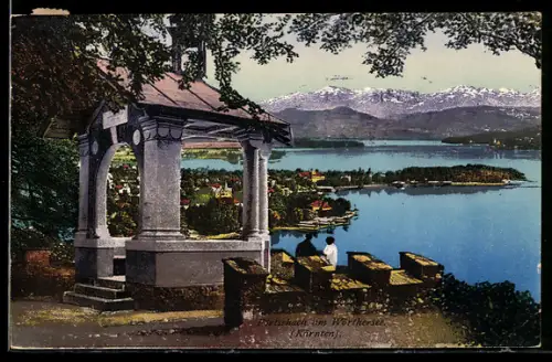 AK Pörtschach am Wörthersee, Pavillon mit See- und Inselpanorama